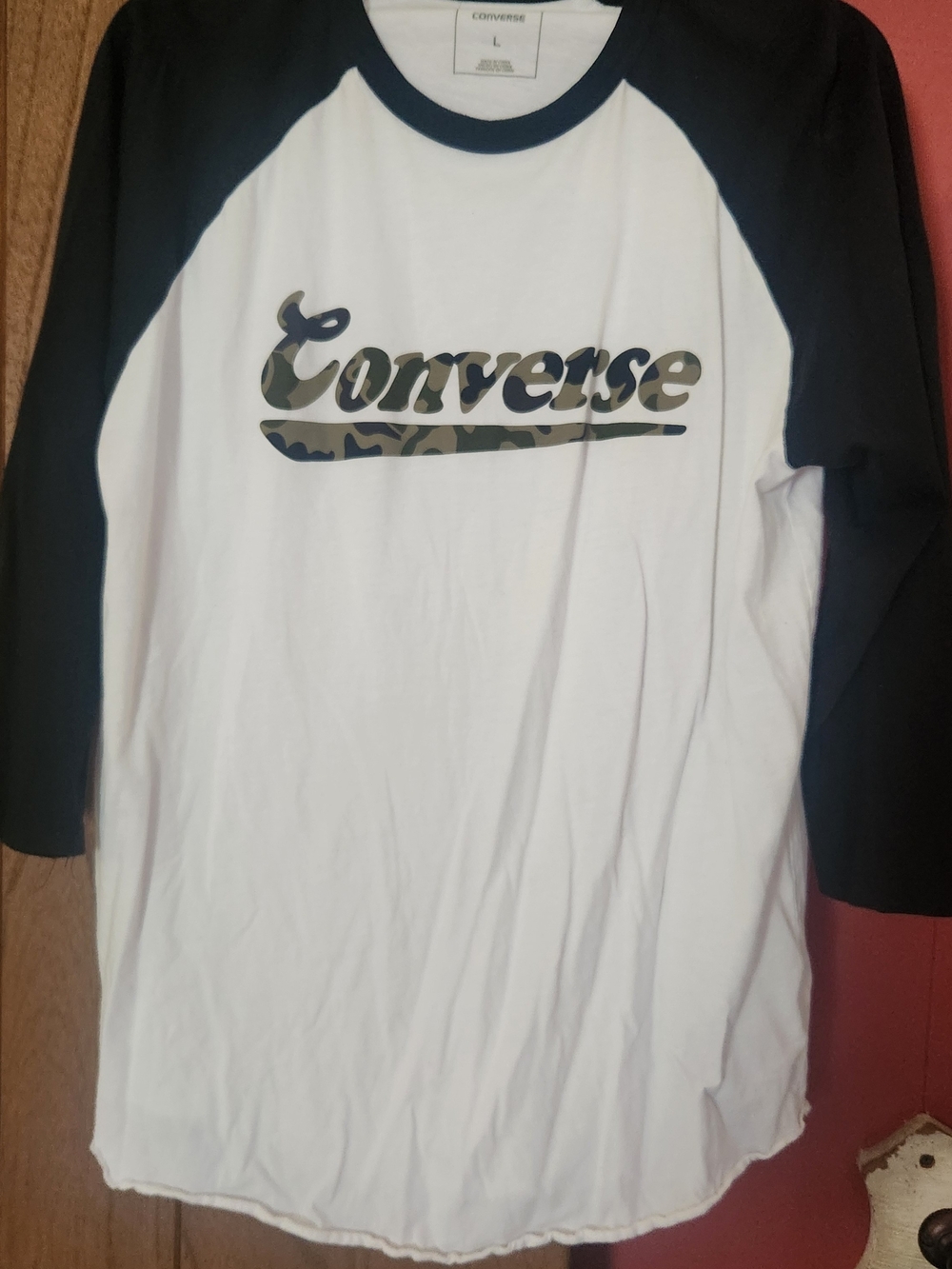 Converse White Baseball Tee with Black Sleeves and Camo Logo
